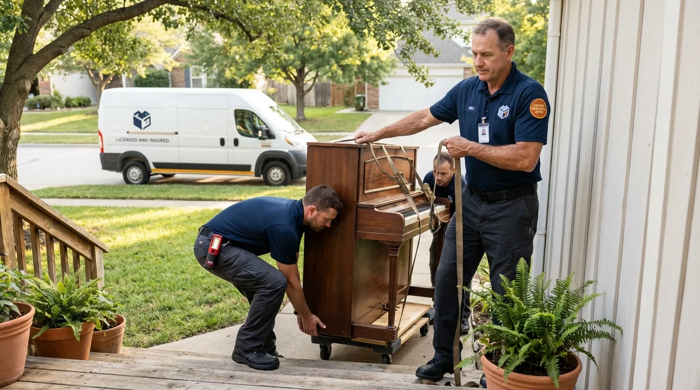 Licensed piano movers securing grand piano in Morrilton, AR