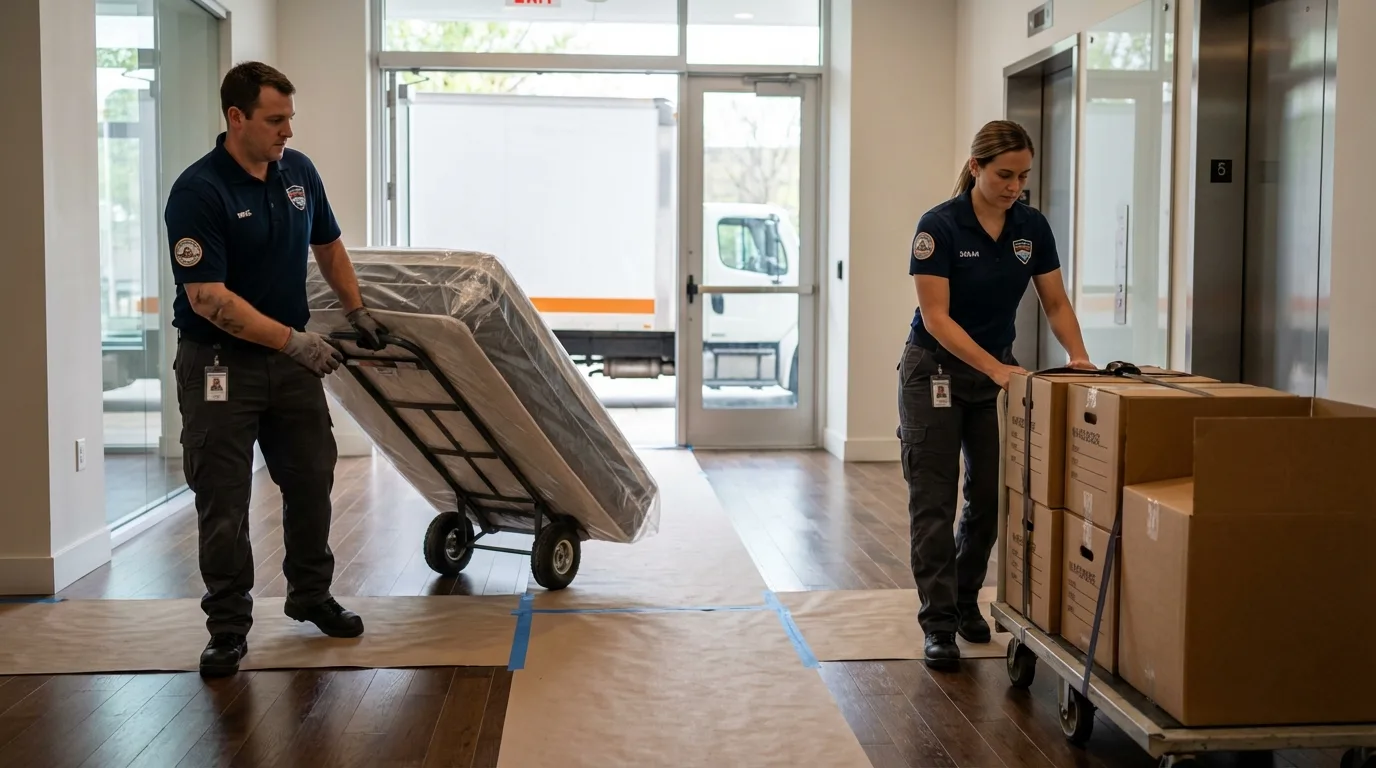 Professional apartment movers loading elevator in Morrilton, AR